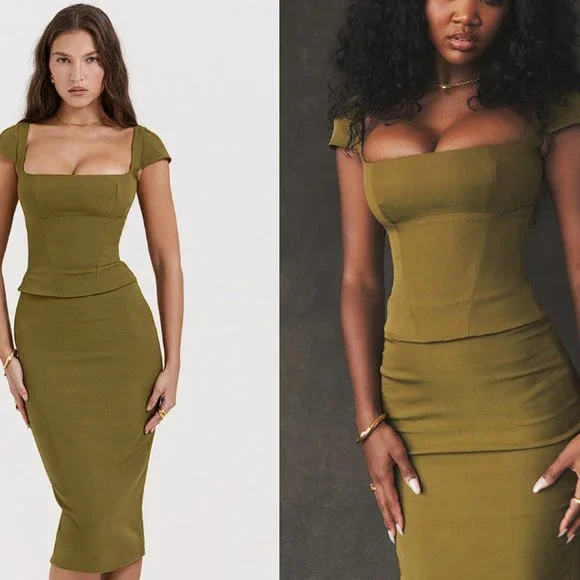 layana olive corset midi dress HOUSE OF CB 'Layana' Olive Corset Midi Dress NWOT